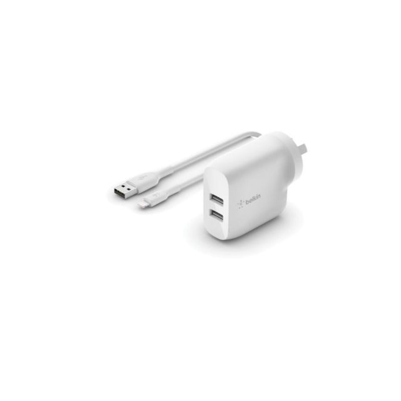 Belkin 24W Dual USB-A Wall Charger A-Lightning Cable - White