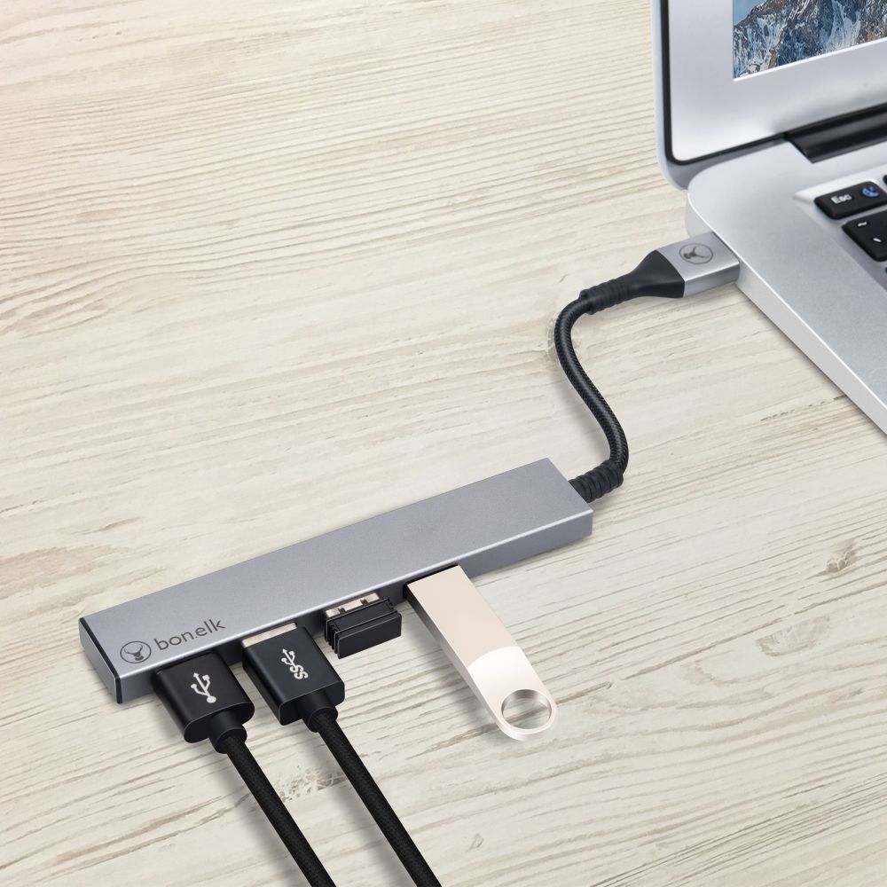 Bonelk Long-Life USB-A to 4 Port USB 3.0 Slim Hub Space Grey