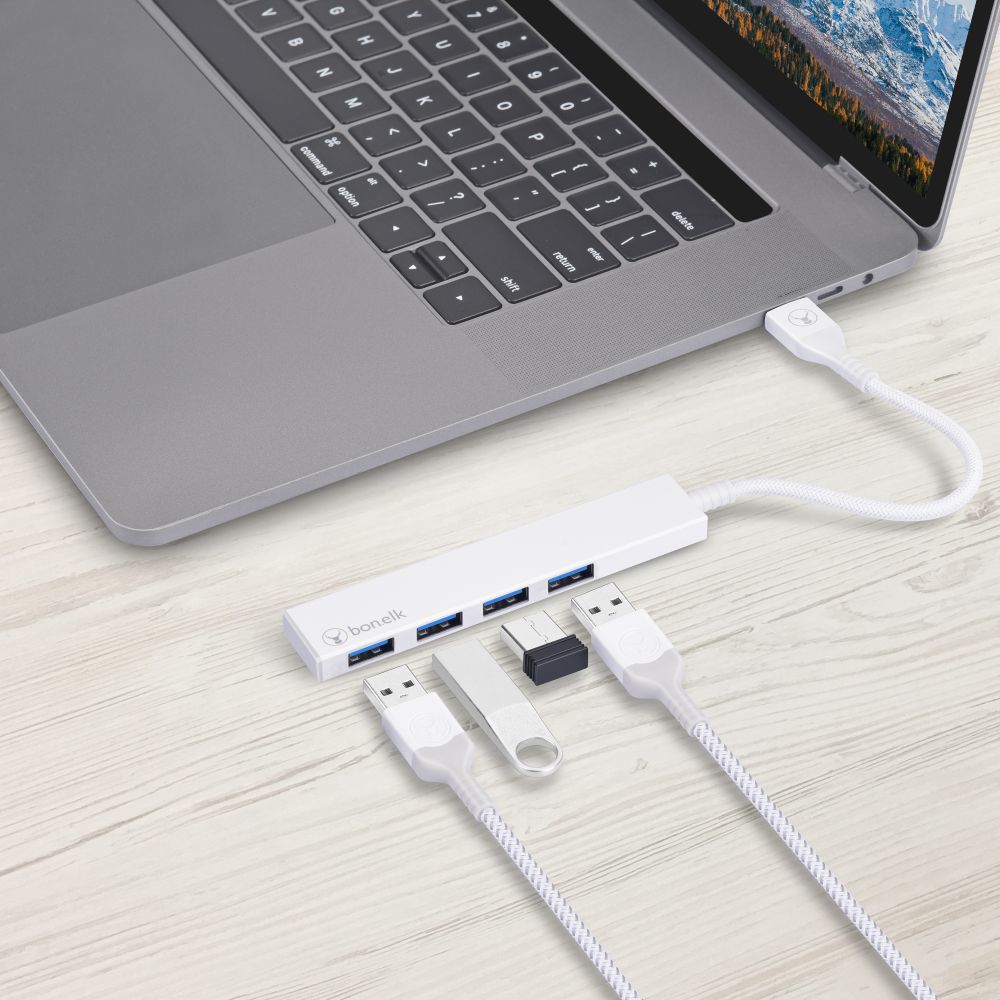 Bonelk Long-Life USB-A to 4 Port USB 3.0 Slim Hub White